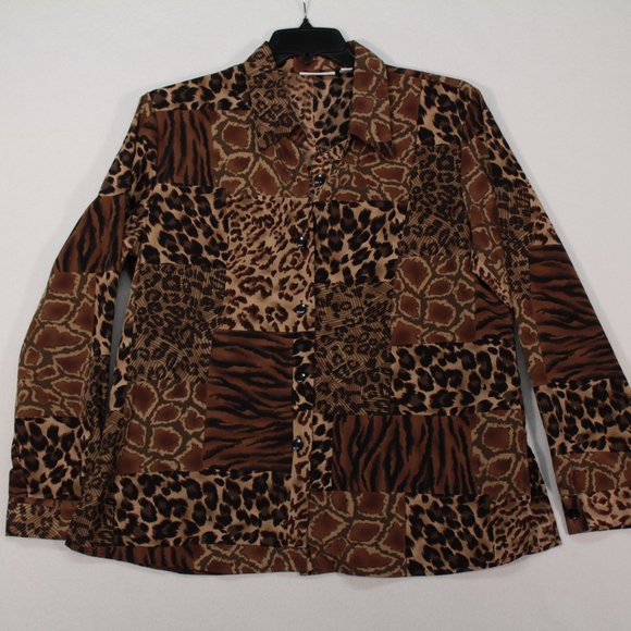 Susan Graver Shirt Women's Large Multicolor Long Sleeve Animal Print Patchwork - Picture 1 of 12